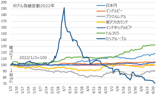 新興国通貨と日本円の対ドル為替推移 2022年上半期